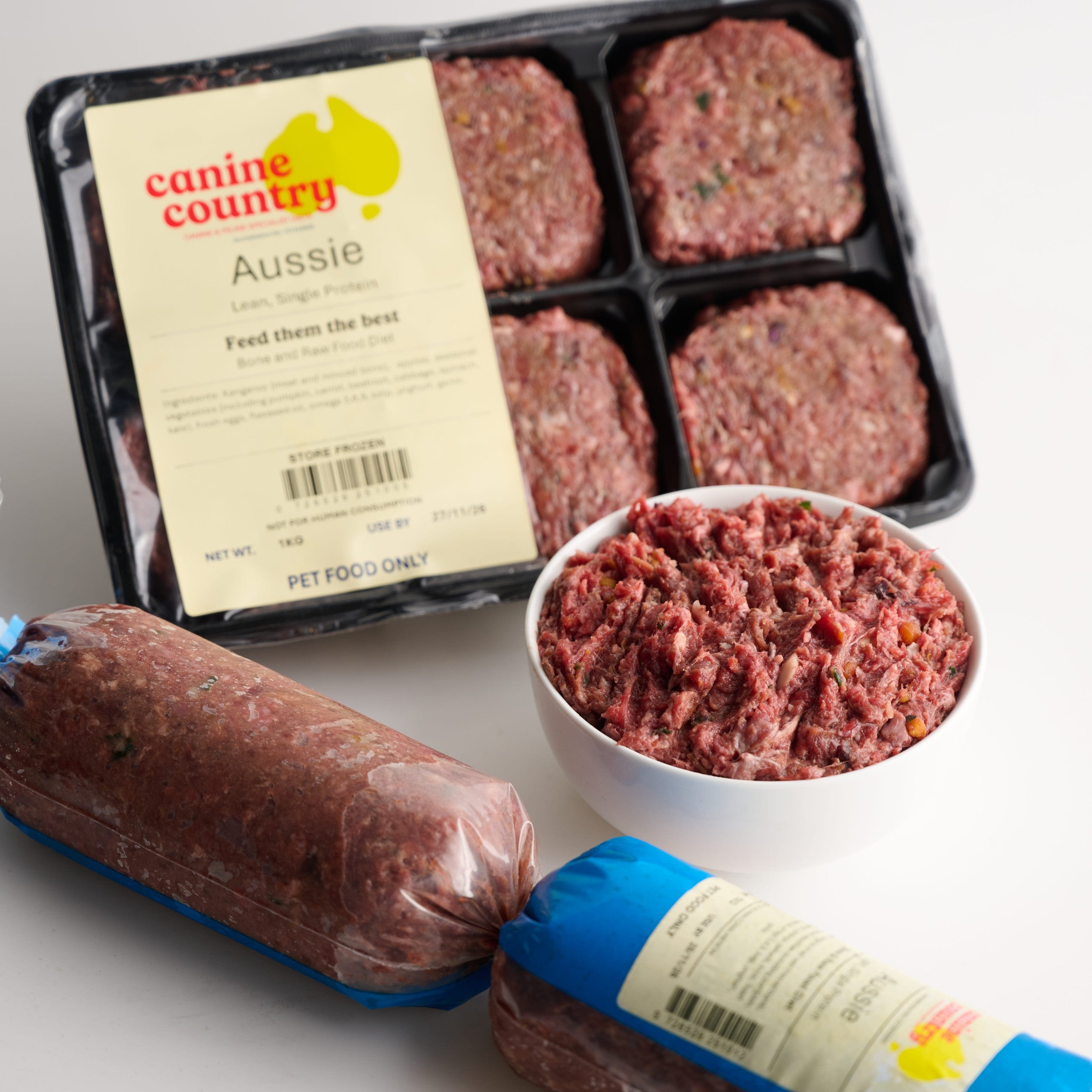 Canine Country Aussie Dog Food in Packaging & Sample in bowl