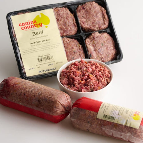 Canine Country Beef Dog Food in Packaging & Sample in bowl