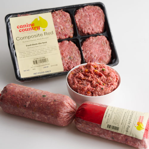 Canine Country Composite Red Dog Food in Packaging & Sample in bowl