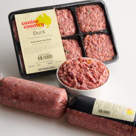 Canine Country Duck Dog Food in Packaging & Sample in bowl