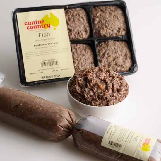 Canine Country Fish Dog Food in Packaging & Sample in bowl