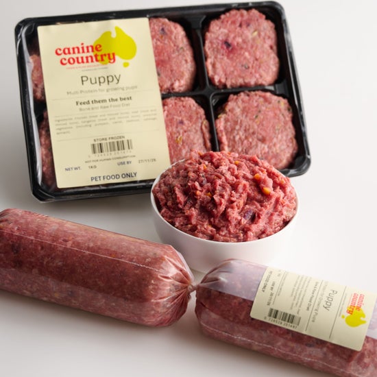 Canine Country Puppy Dog Food in Packaging & Sample in Bowl