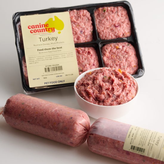 Canine Country Turkey Dog Food in Packaging and Sample in Bowl